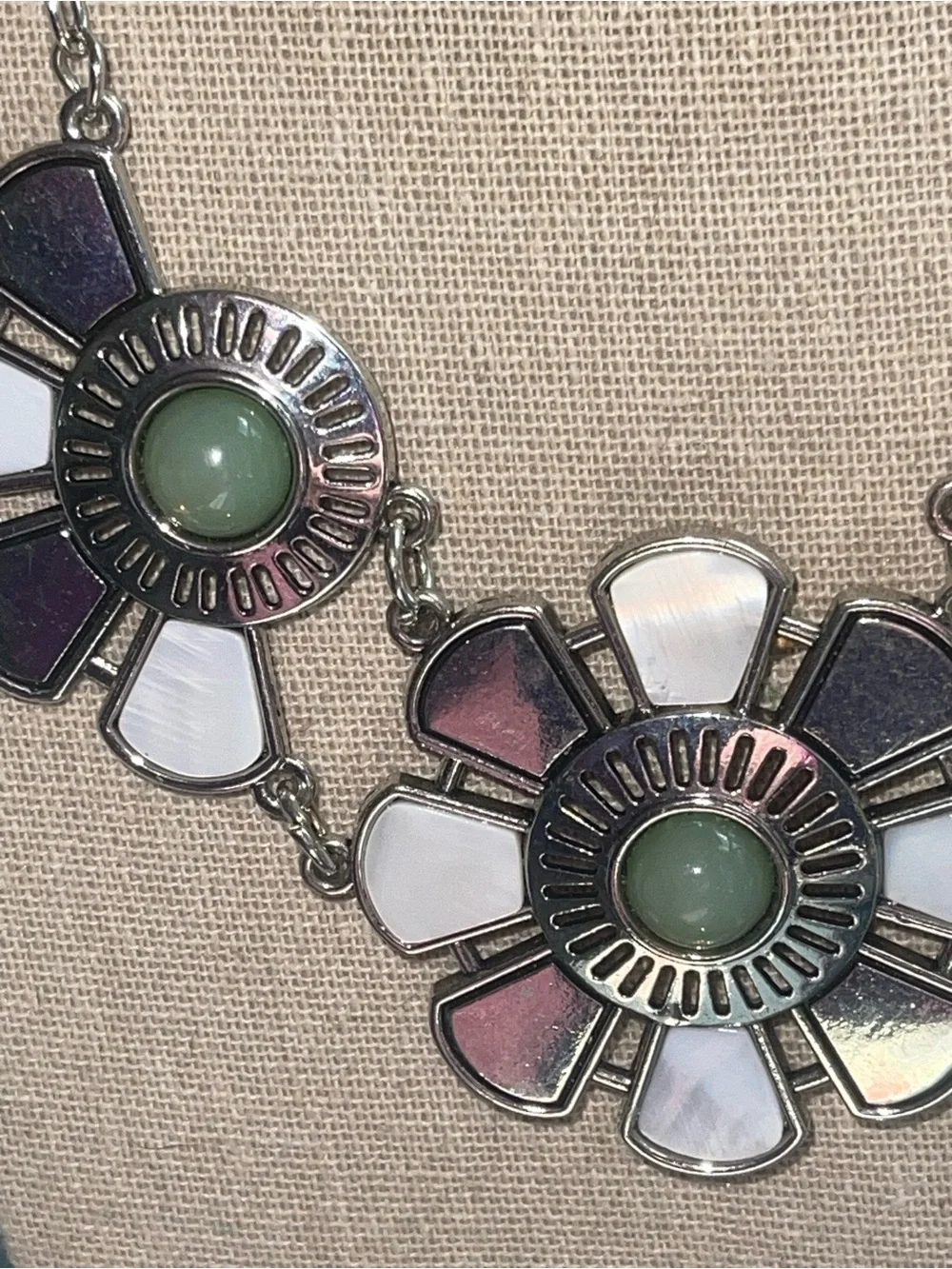 Floral Statement Necklace with Mint Accents Silver Flower Necklace with Green St